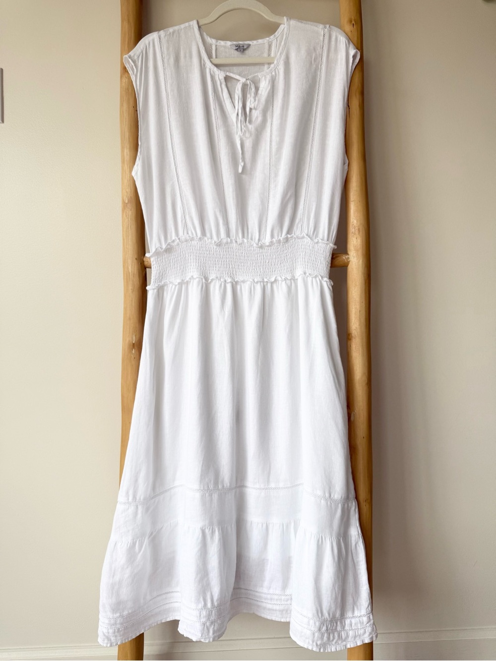 Rails Anthropologie Ashlyn Cool White Linen Sleeveless Tie Collar Midi Dress L - Picture 6 of 16